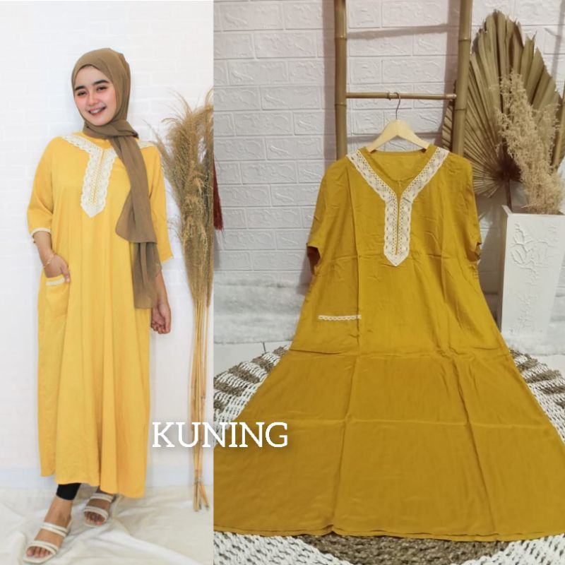 Daster BUSUI Arab Kekinian Tangan 3/4 (aisyah) / Daster Muslim Renda Jumbo LD 120 cm / Daster BUSUI /Daster kekinian /Daster Renda-Kuning