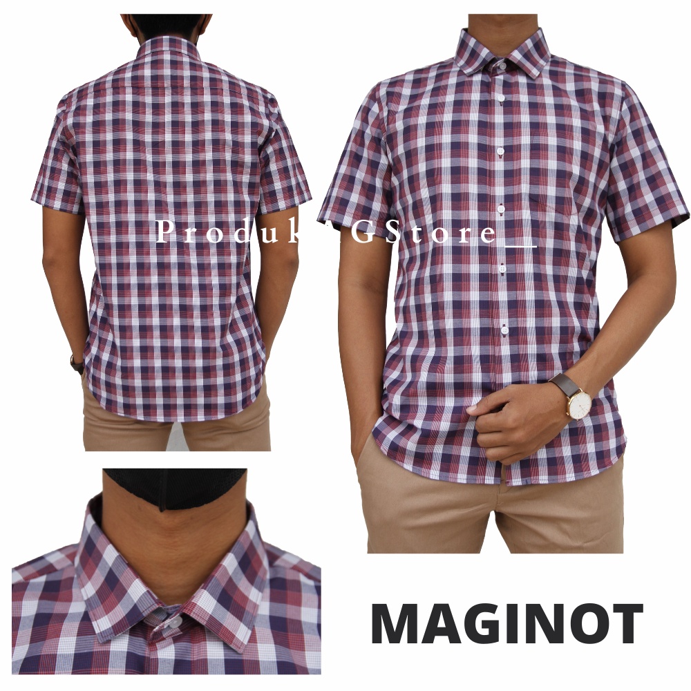 Kemeja Formal Slimfit Maginot Lengan Pendek  Pria Merah Motif Kotak-kotak 03 Good Quality 100% Original