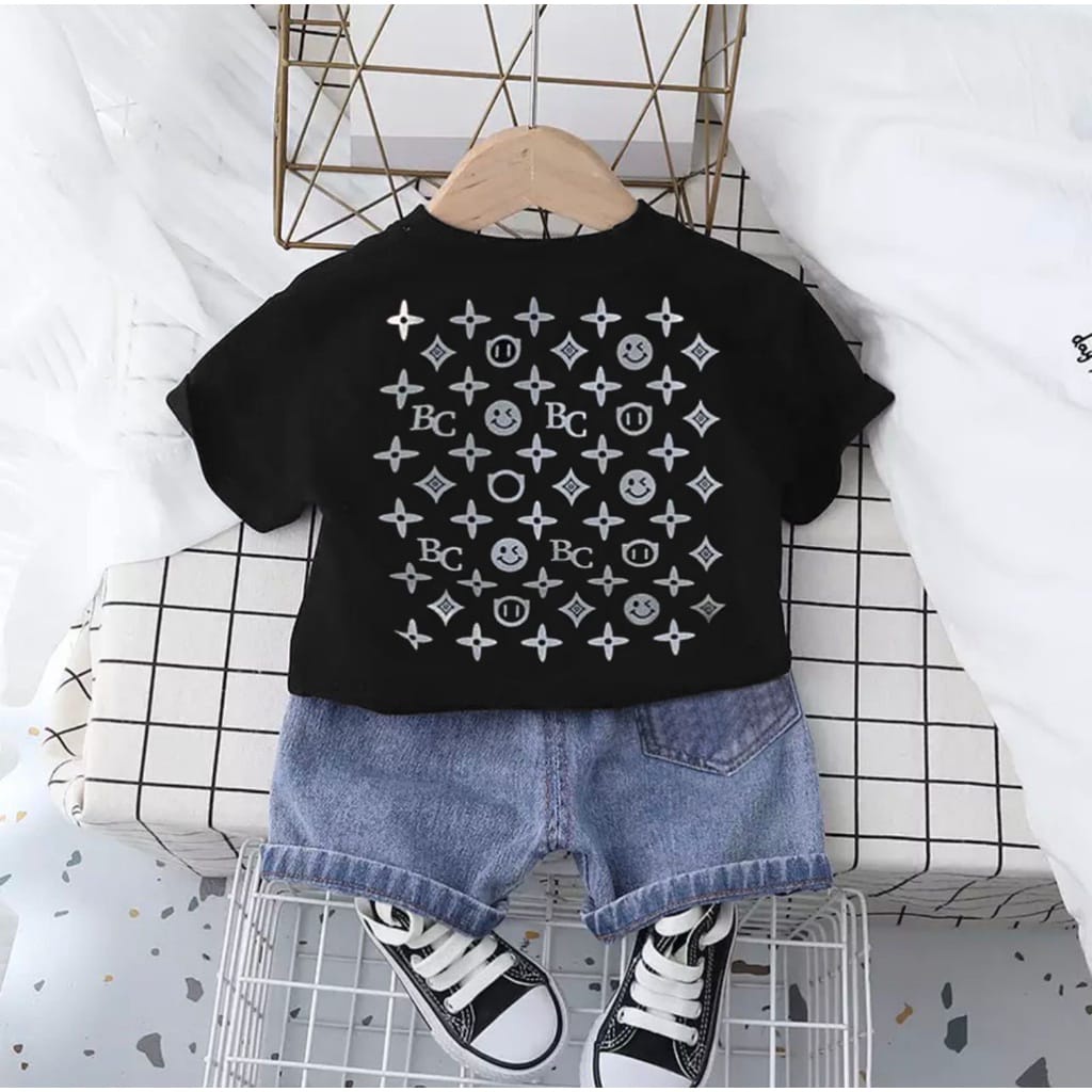 SETELAN ANAK KAOS BAHAN KATUN CELANA PENDEK DENIM UMUR 1-5 TAHUN