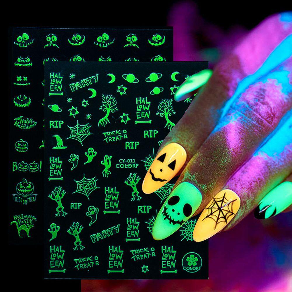 Solighter Halloween Stiker Kuku Perekat Spider Web Tengkorak Labu Sliders Decals Glow In The Dark