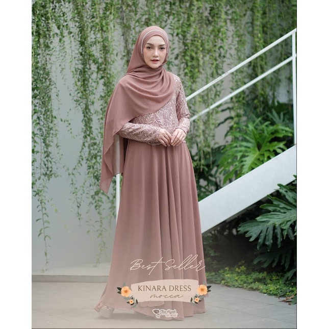 GlizHijab | Kinara Dress | Sarimbit 1 Set Gamis & Pashmina Bahan Babydoll Baju Kondangan Wanita Brokat Size XS - JUMBO-MOCCA