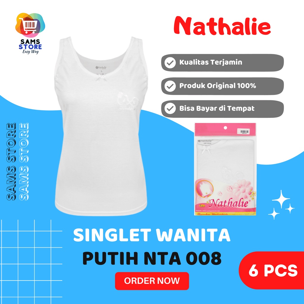 (6 Pcs) Grosir Tanktop Nathalie NTA 008 Pakaian Kaos Dalam Wanita Dewasa Warna Putih Polos / Singlet