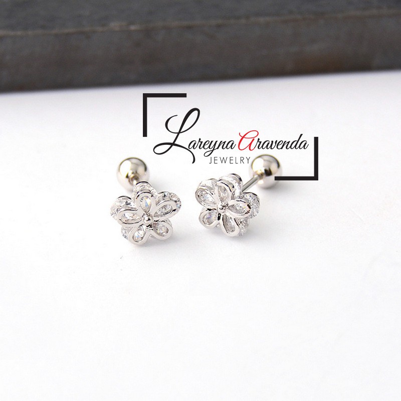 Anting Wanita Titanium Asli Bunga Crystal Kristal Zircon AAA ET002