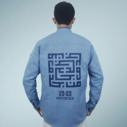 Faith Protocol - Baju Koko Muslim Bikers Casual Streetwear Chambray Denim *MXKR Man Jadda - Blue*