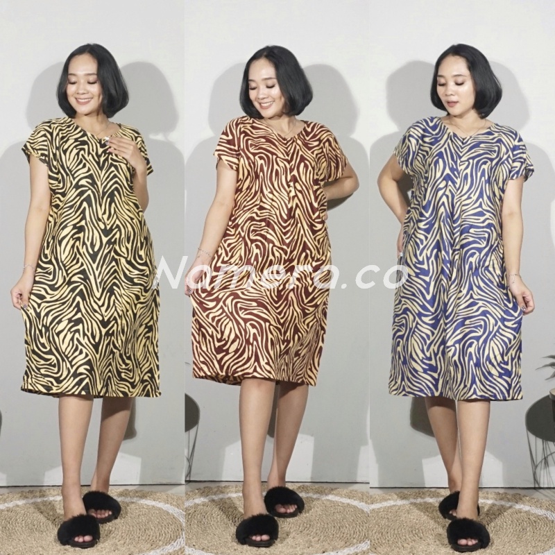 Dress Daster Bali Zebra Busui Lengan Pendek Friendly Resleting Depan Full Rayon