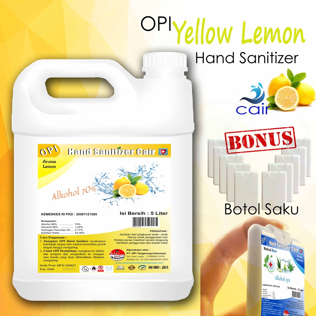 hand sanitizer 1 Liter dan 5 litter bonus bottle saku(card bottle)varian yellow bisa dipilih lebih dari 10 varian sudah ada izin edar resmi by Oke sabun suplayer