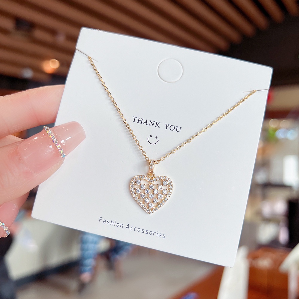 XiaoboACC Kalung Rantai Klavikula Bahan Titanium Steel Lapis Emas 18K Hias Liontin Hati Berlian Ukuran Untuk Wanita - 38CM + 6CM