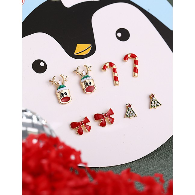 LRC Anting Tusuk Fashion Color Cartoon Christmas Deer Tree Bow Cane Earrings Four Pairs D49932