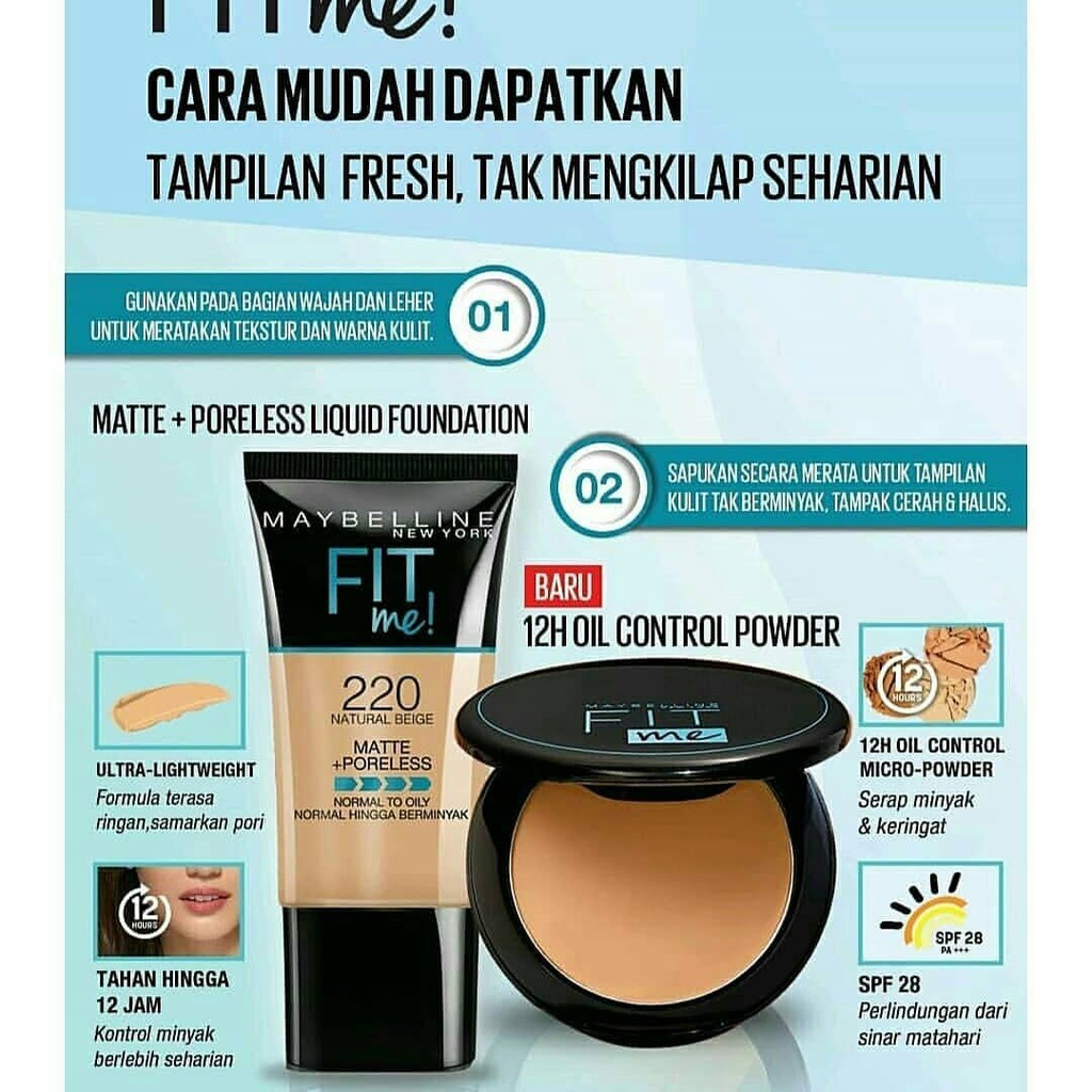 Maybelline Fit Me Series Matte dan Poreless Foundation Tube Pump Compact Powder 12H SPF (VIC)