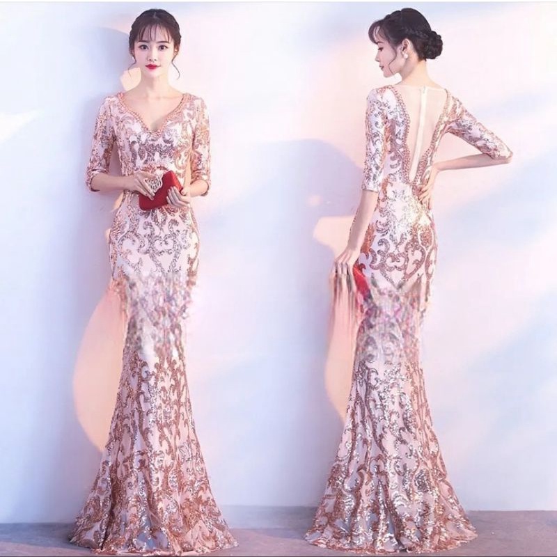 long dress sleeve gold sexy back less gaun mermaid gown sequin glitter lengan midi maxi dress import