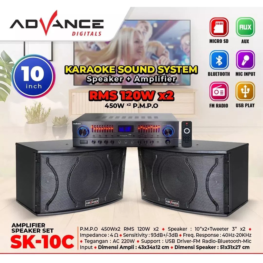 Amplifer + Speaker Advance SK-10C Dual Woofer 10 Inch + Tweeter 3 Inch Sound System Ampli Mixer Bluetooth Karaoke Speaker