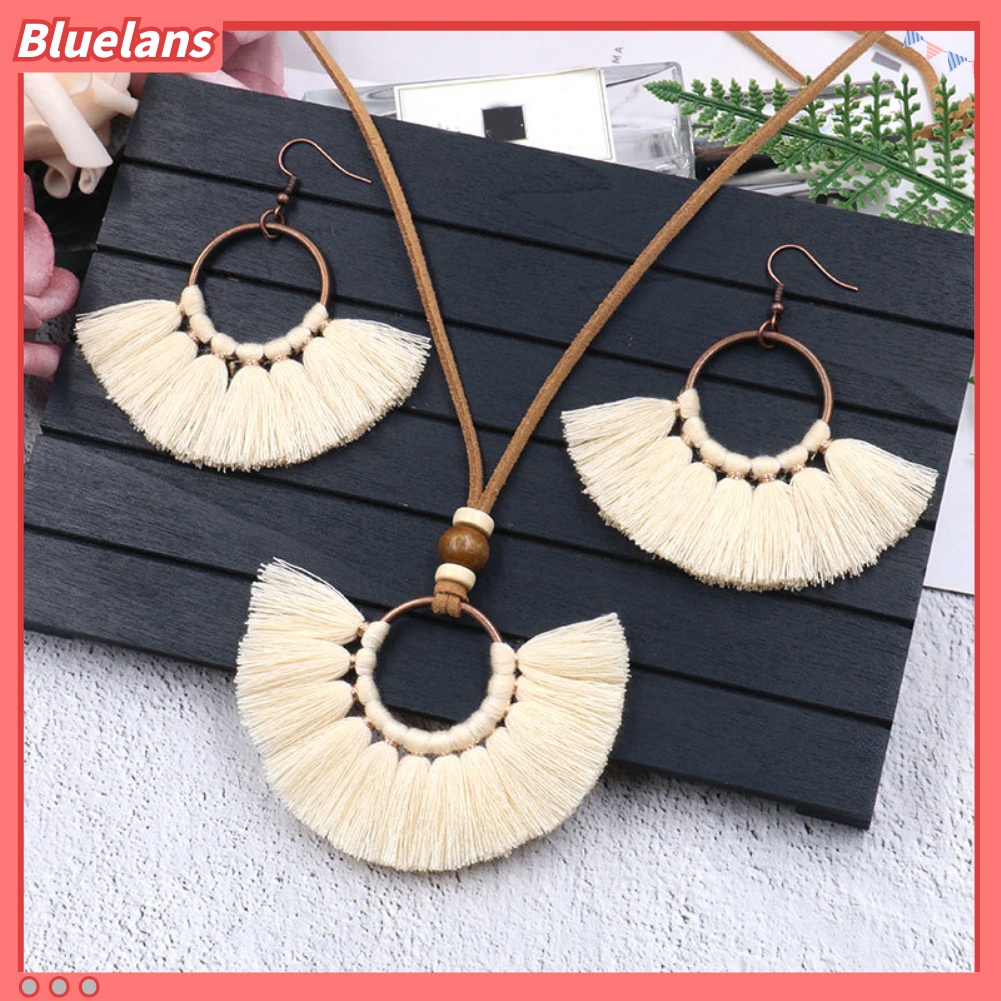 Set Perhiasan Kalung Tali Rumbai Liontin Bulat Gaya Bohemian Untuk Wanita