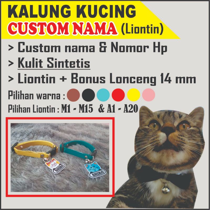 KALUNG KUCING NAMA CUSTOM, KULIT SINTETIS (FREE CUSTOM NAMA) bahan PVC DAN AKRILIK