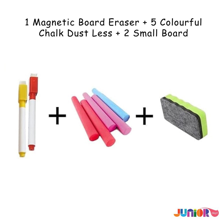 

1 Magnetic Board Eraser + 5 Colourful Chalk Dust Less + 2 Small Board