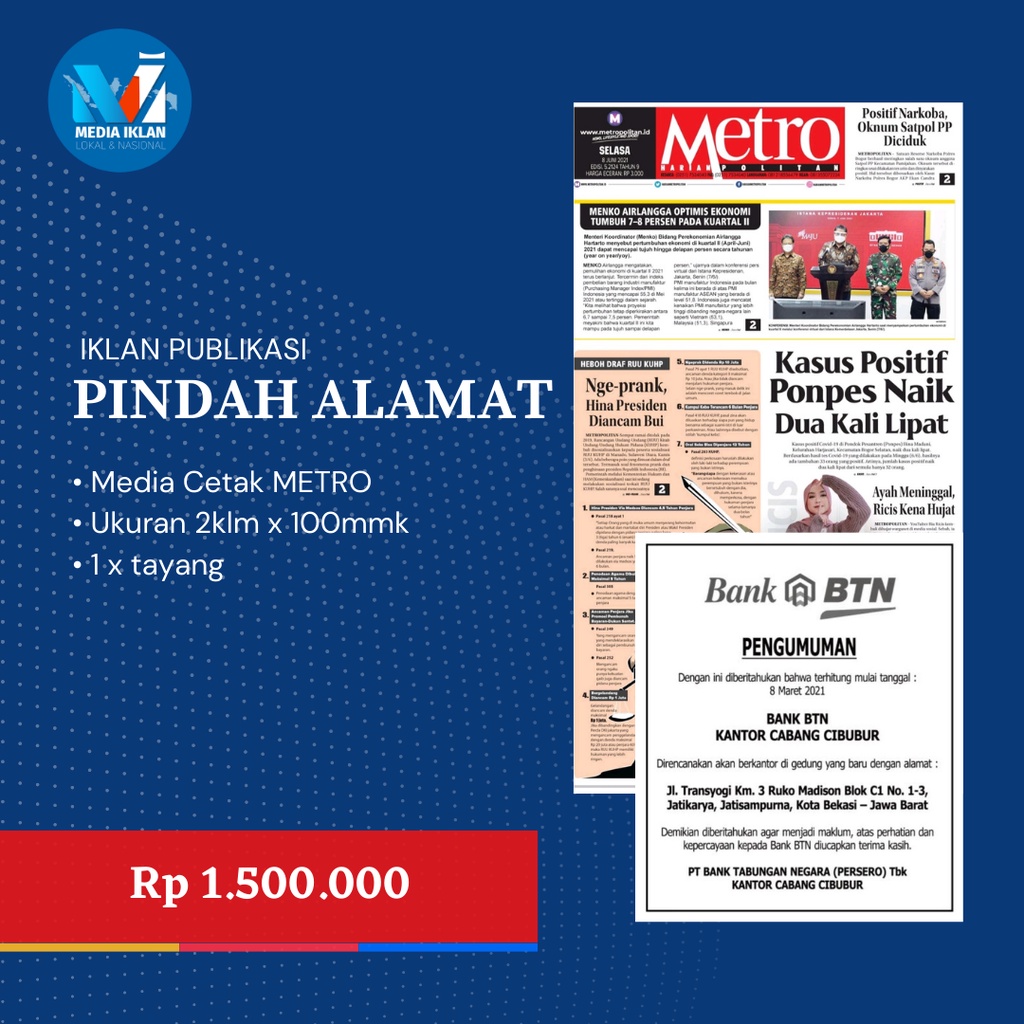 IKLAN KORAN PUBLIKASI PINDAH ALAMAT LOKAL METRO