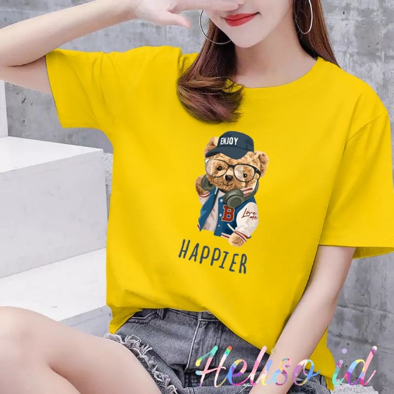 Kaos Wanita Gambar Bear Happier Baju Oblong Cewek Baju Kaos Wanita Baju Distro Cewek Atasan Wanita Murah