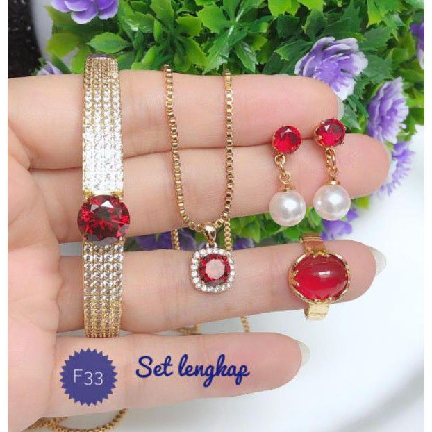 (NOV) Set Perhiasan Lapis Emas Xuping Gelang Kalung Cincin Anting Permata Merah Gold Mewah Titanium