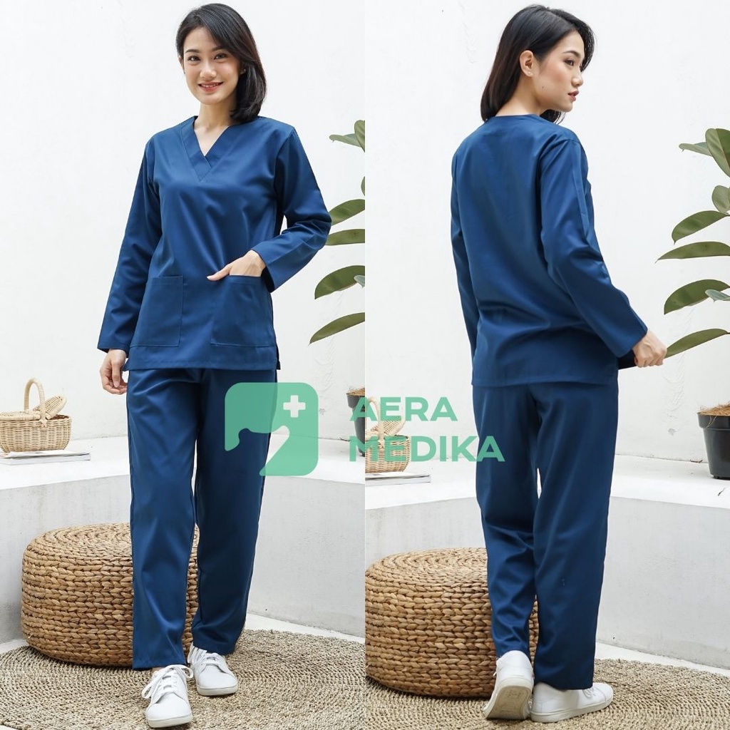 SCRUB/ BAJU JAGA/ SERAGAM OKA Lengan Panjang Aera Medika-Navy Blue