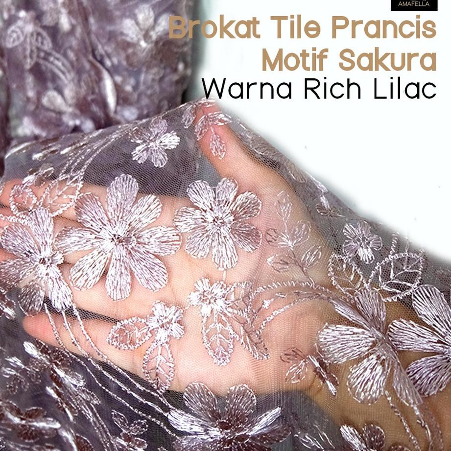 HARGA GROSIR >> 1/2 meter Kain Brokat Tile Prancis Bahan Kebaya Motif Sakura Warna Rich Lilac / Ungu