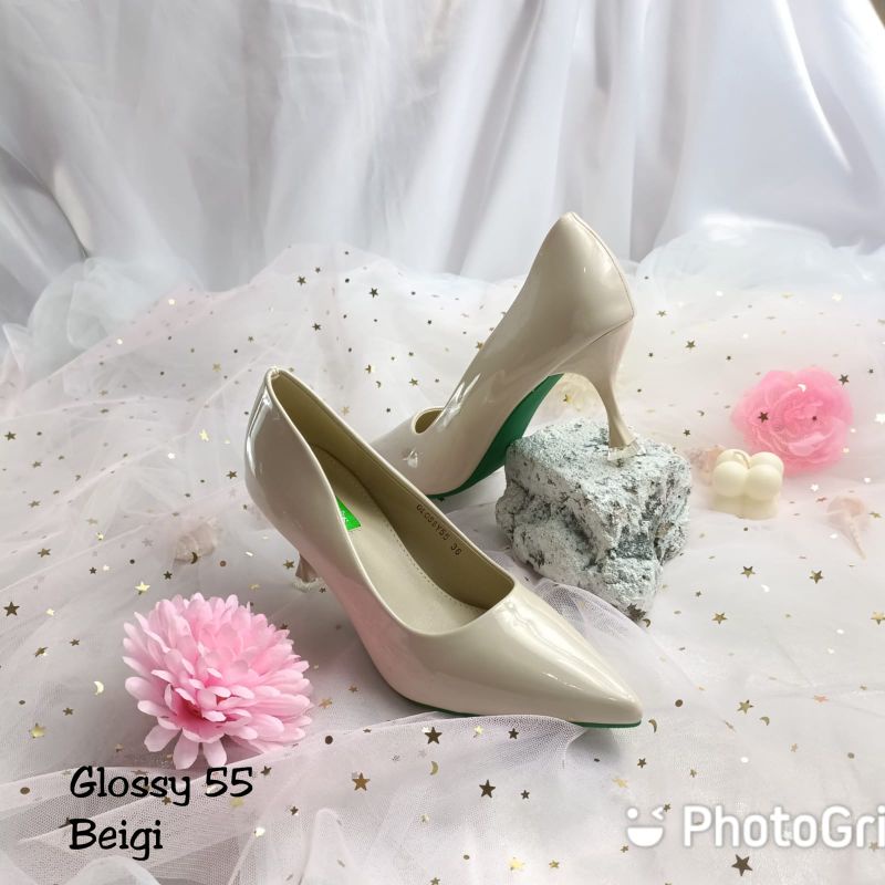 sepatu maude guesis soll karet tapak anti licin Glosy 55 heels 5cm ini-Beigi
