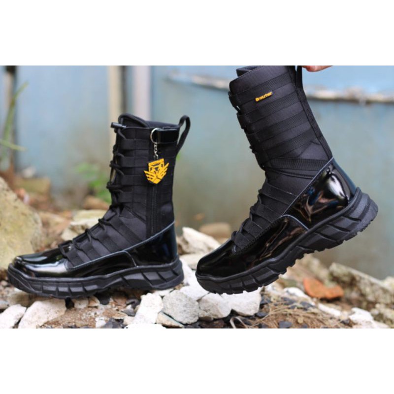 Sepatu Pdl Ninja Tni Polri Kulit Kilap Anti air Sleting Sol Keliling Merk Brotrher New Ninja kilap