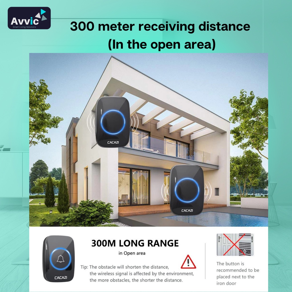 Avvic x Cacazi Wireless Doorbell Waterproof 1 Receiver  2 Transmitter