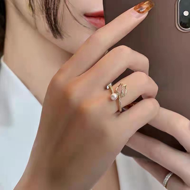 Cincin Model Terbuka Desain Bunga Tulip Aksen Mutiara Untuk Wanita