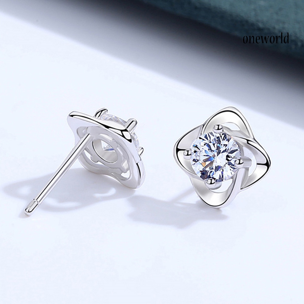 OW# Rhinestone Inlaid 4-Leaf Ear Stud Earrings Women Girl Jewelry Valentine Day Gift