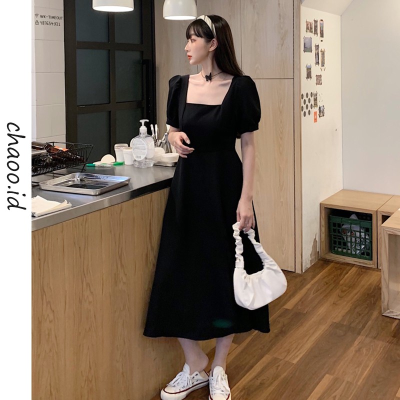 [chaoo.id ]korean style dres gaundress wanita long dress  panjang hitam kasual  wanita  retro gamis hitam