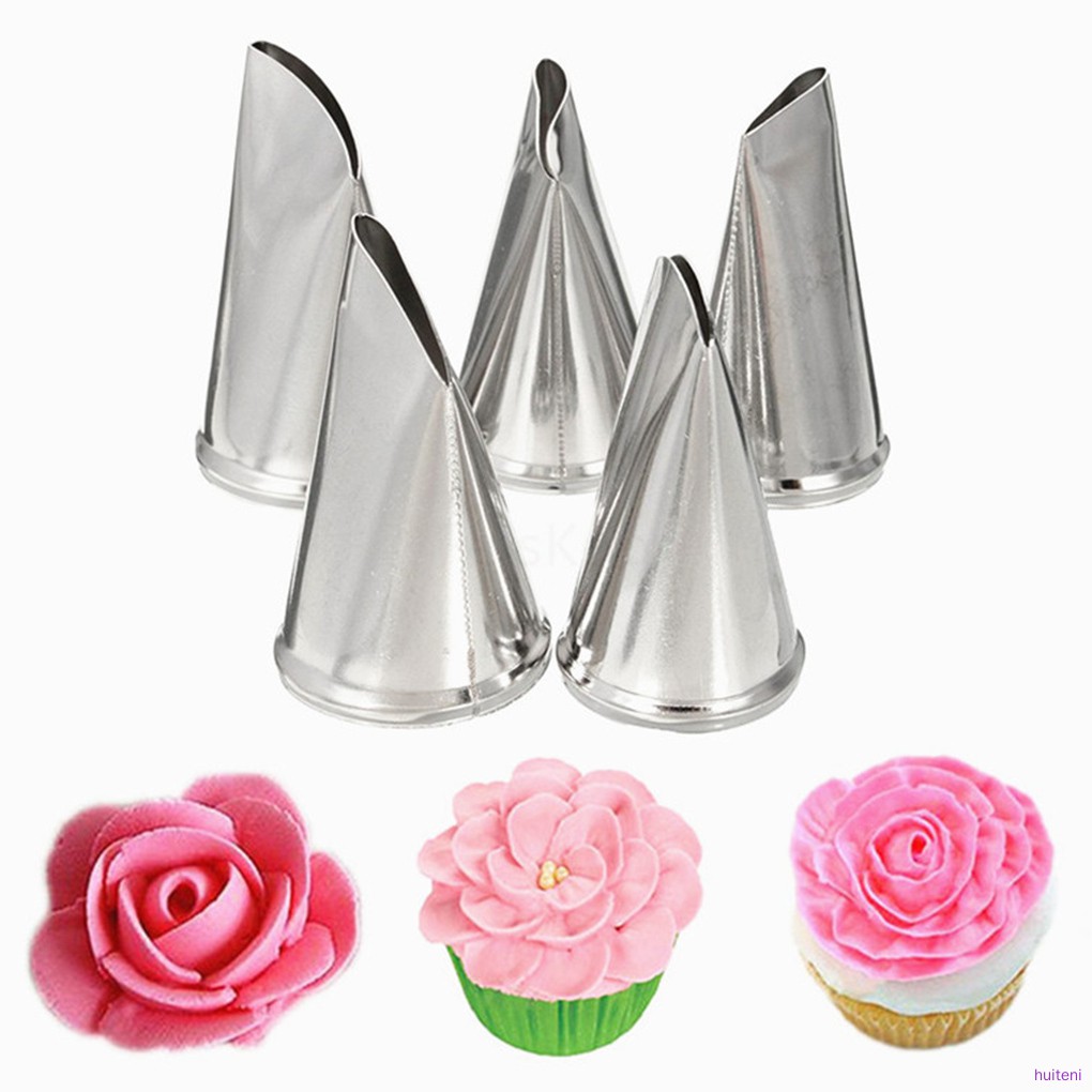 Set 5pcs Spuit Piping Dengan Bahan Stainless Steel Dan Bentuk Bunga Mawar Untuk Hiasan Kue Huiteni