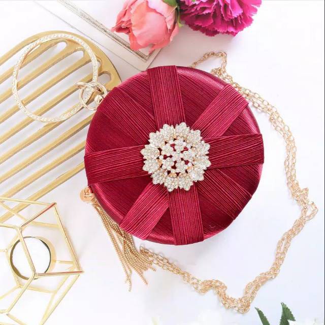 tas pesta import linhkaran round bag ball circle bulat bulet satin tekstur rumbai tassel kondangan