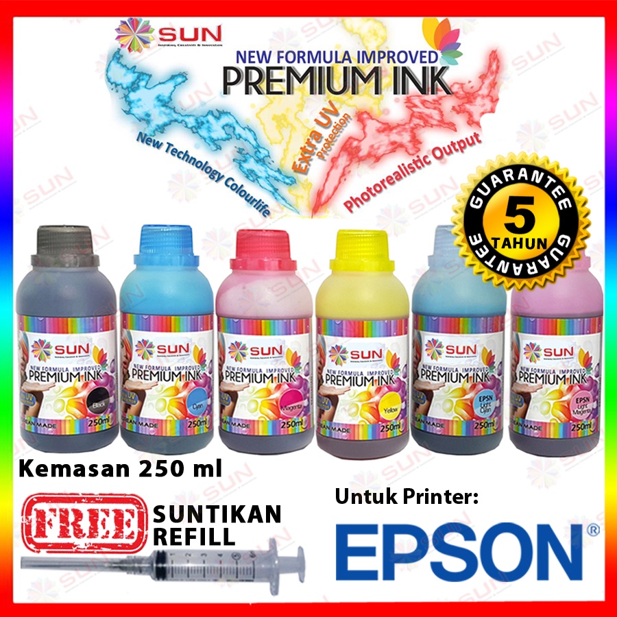 Tinta Refill Epson 003 664 673 / Tinta Canon IP2770 790 810 811 / Tinta Hp 678 680 GT52 GT53 - SUN Premium Ink NFI 250 ml