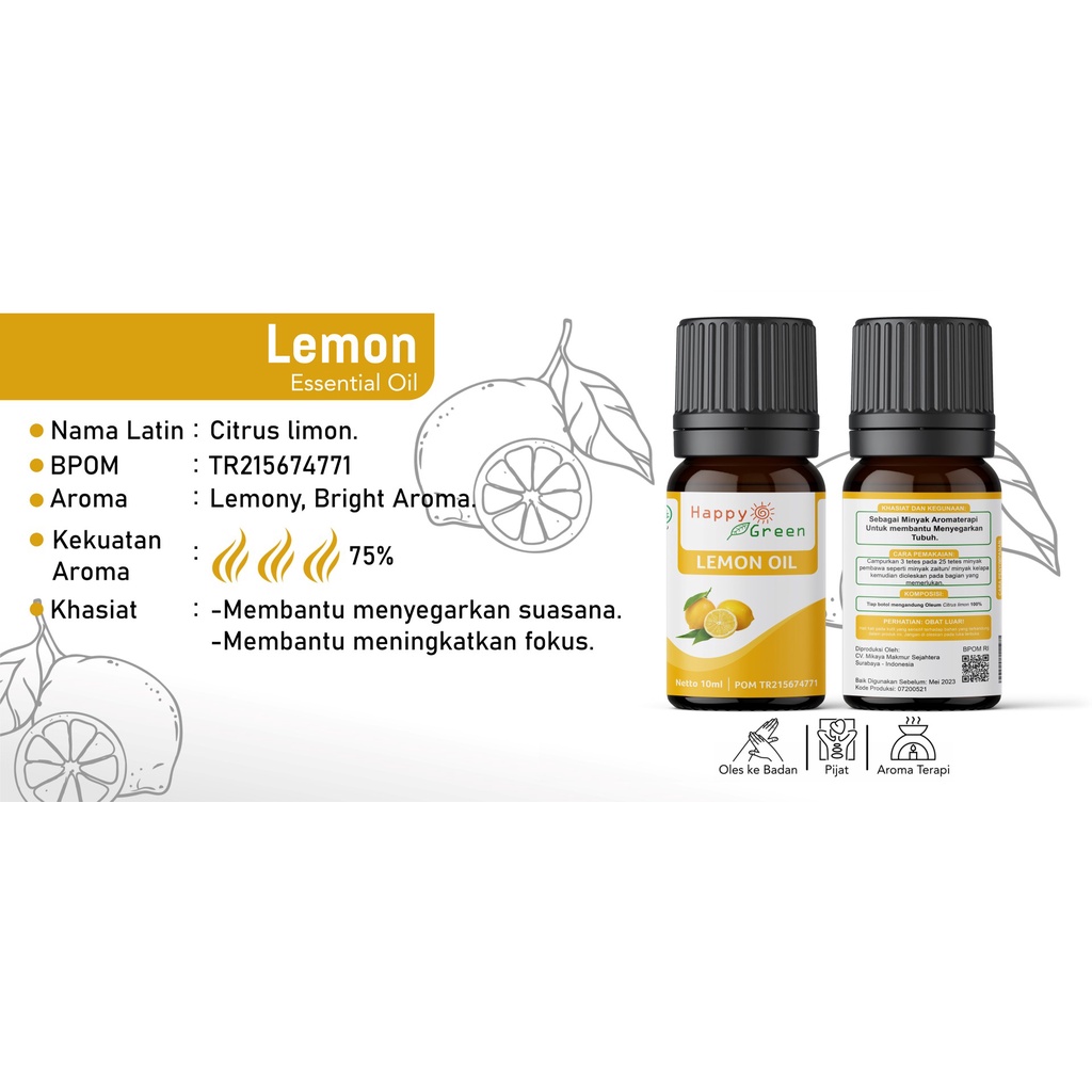 BPOM Happy Green Lemon Essential Oil - Minyak Atsiri Jeruk Lemon 100% Pure Murni Garansi Uang Kembali