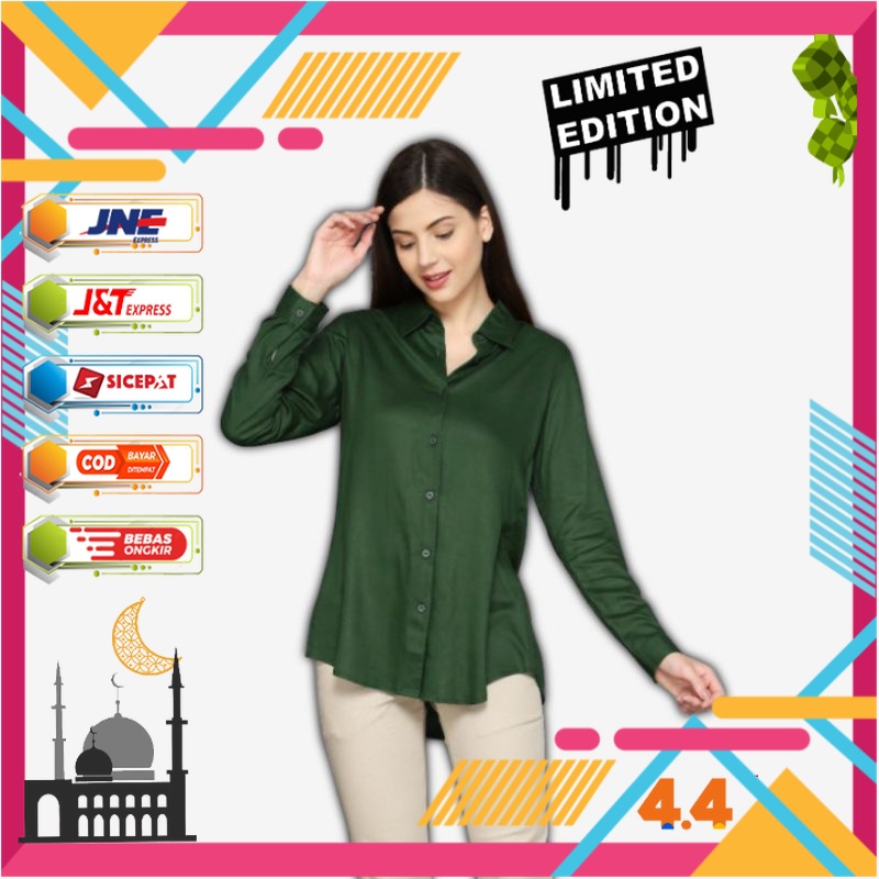 Promo Baju Kemeja Blouse Wanita Hijau Botol Lengan Panjang Polos Basic Exclusive Baju Atasan Blouse 