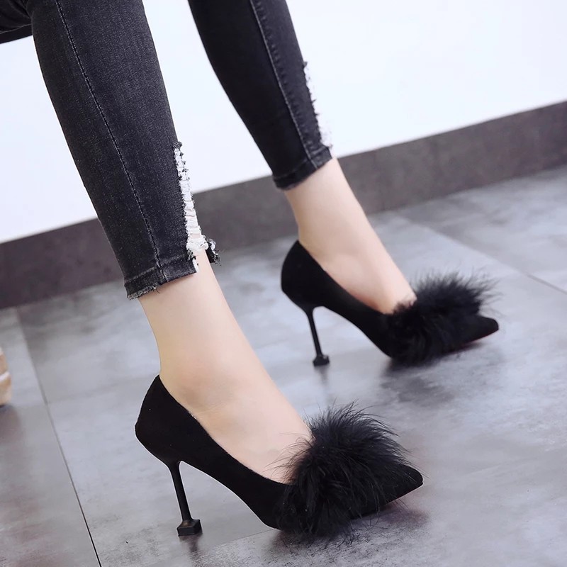 RYS - Fluffy Fur Sepatu Heels Wanita Fashion Casual - Ori Import