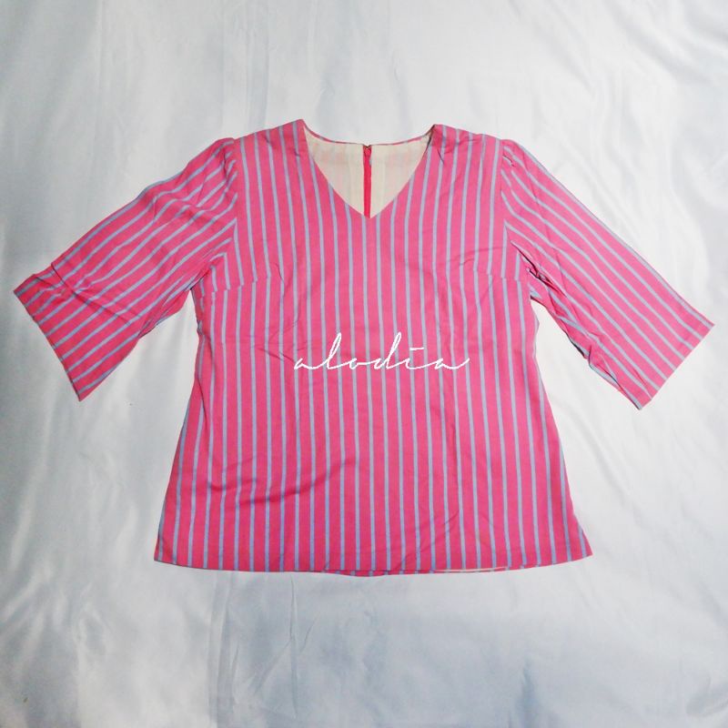 BLUS NENEK WANITA / BAJU ORANG TUA / ATASAN IBU KEKINIAN PINK GARIS LENGAN SESIKU