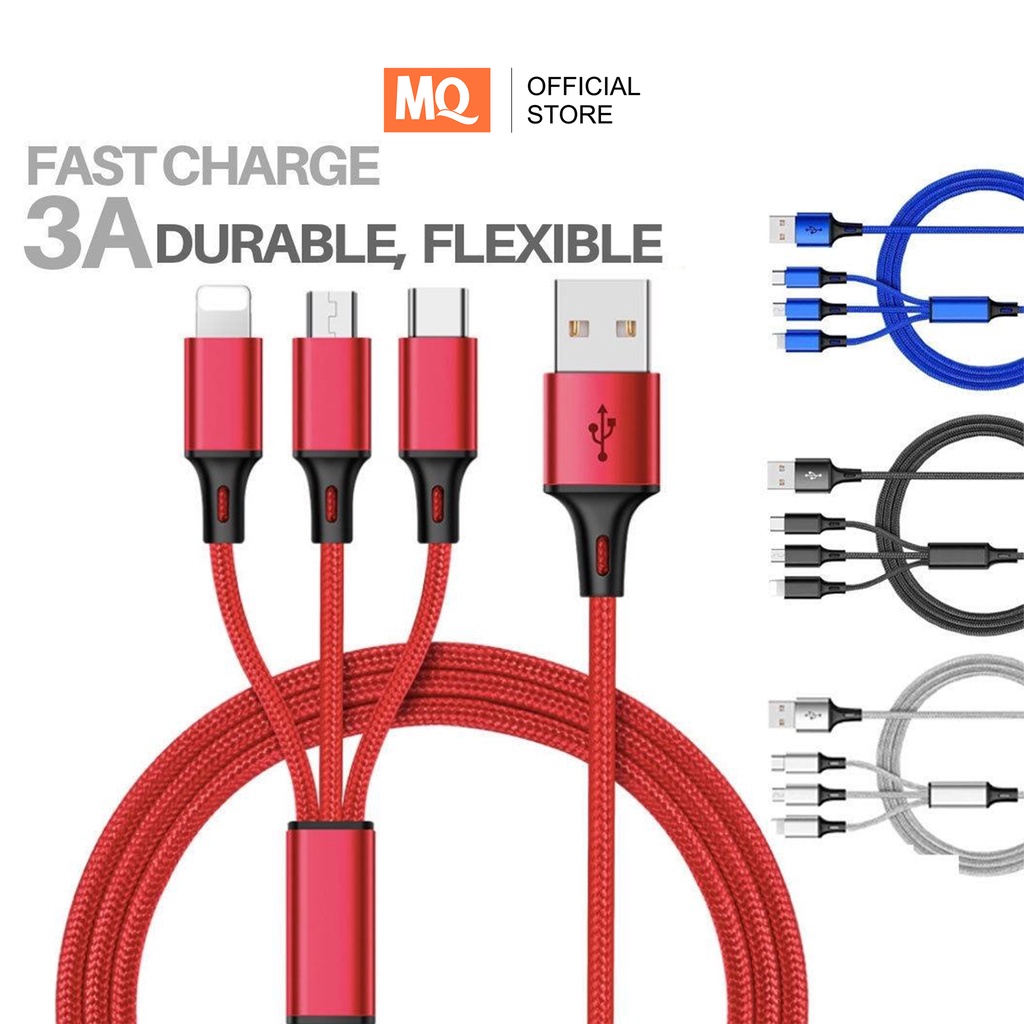 MQ Kabel Data usb cable 3in1 Fast Charger Micro USB + Type C + Lightning Original MQ-CB04