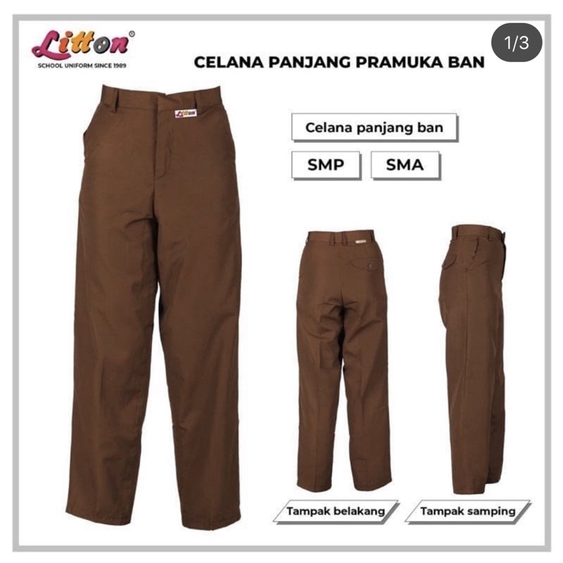 Celana panjang Pramuka BAN pinggang SMP SMA Litton famatex halus / Seragam celana coklat