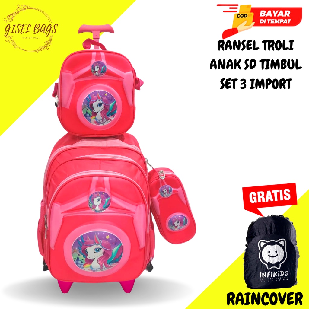 GB-Tas ransel troli anak perempuan SD tas ransel troli timbul tas ransel troli karakter lucu tas ransel troli import