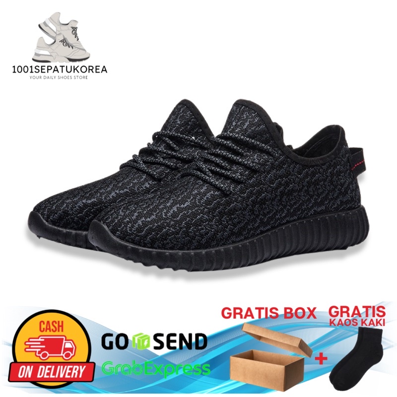 1001 IMPORT SEPATU SNEAKERS PRIA SPORT YEEZY + BOX DAN KAOS KAKI !!!- HITAM