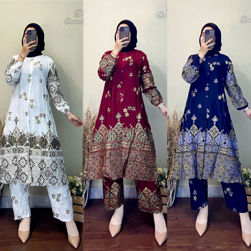 (Bisa COD) Setelan Rayon Prada Voil Emas/Setcel India Terbaru/Set Long Tunik Rayon Prada