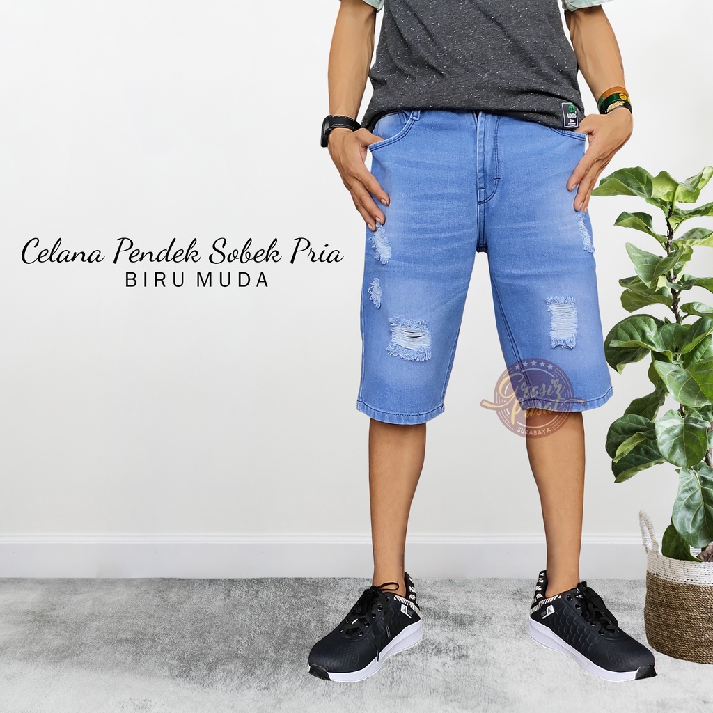 Celana Pendek Jeans Model Sobek Ripped Pria  Biru Muda 27 - 38