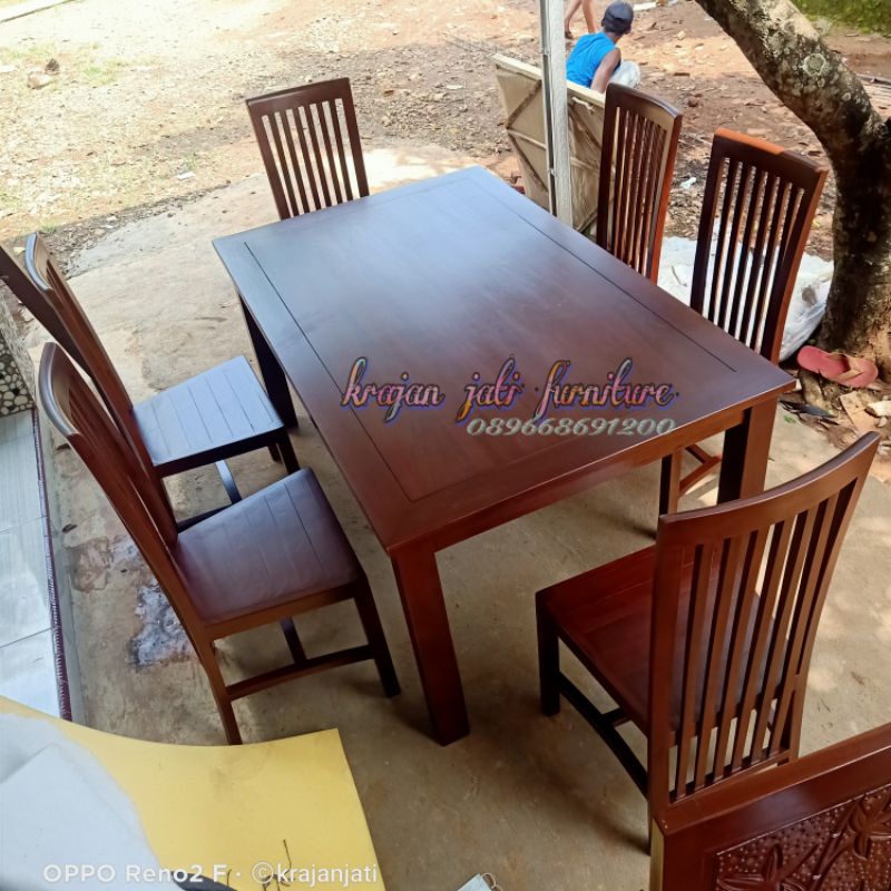 meja makan minimalis jati + kaca meja