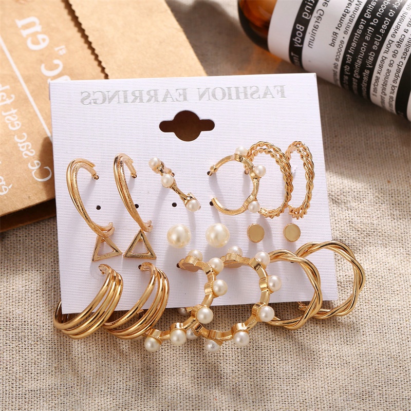 9 Pasang / Set Anting Bentuk Lingkaran Aksen Mutiara Bahan Logam Untuk Aksesoris Wanita