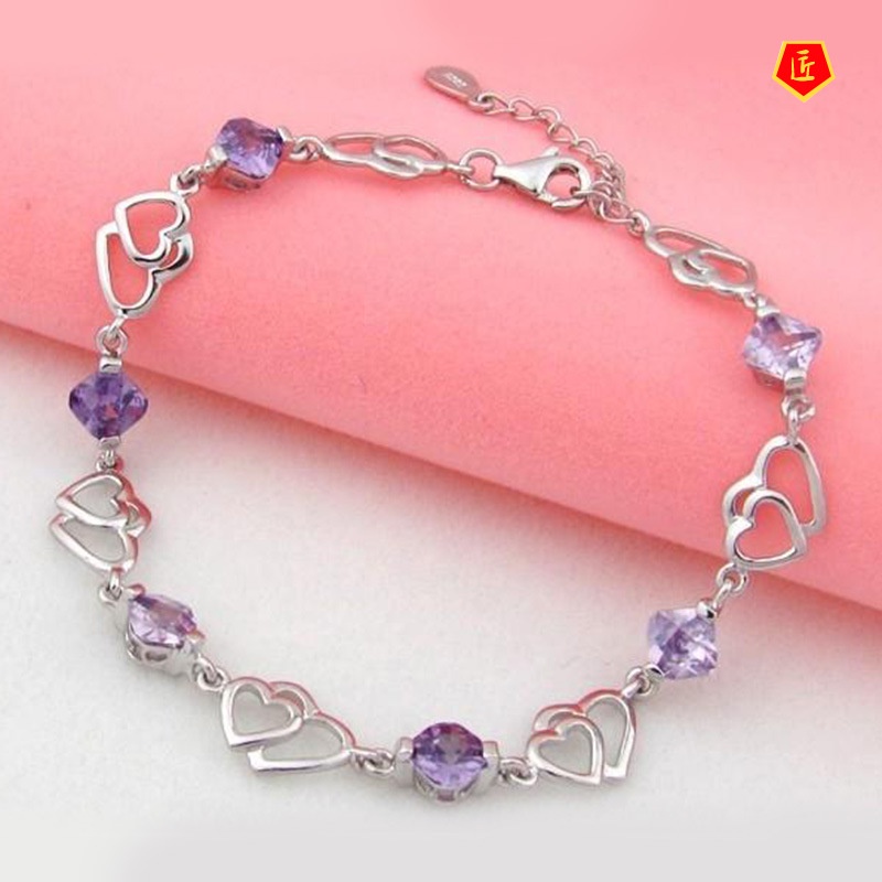 [Ready Stock]Elegant Silver Double Love Amethyst Bracelet