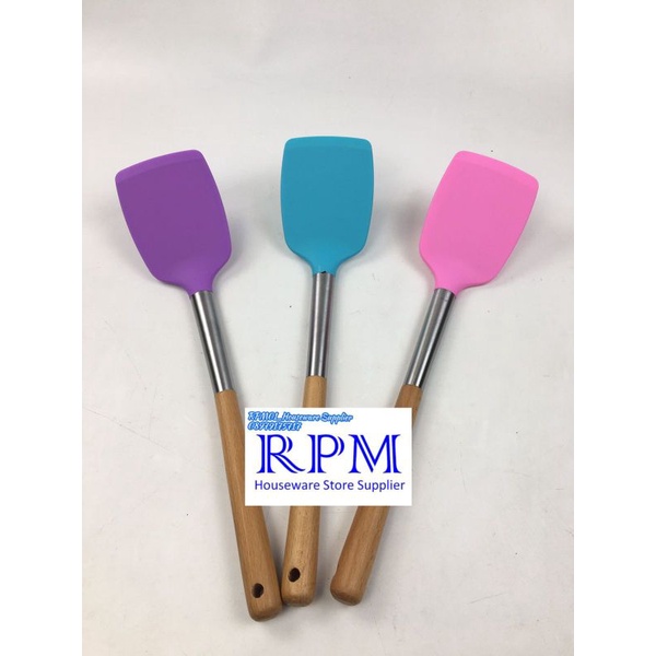spatula silicone color wooden handle / sutil silikon gagang kayu tahan panas / sodet alat masak
