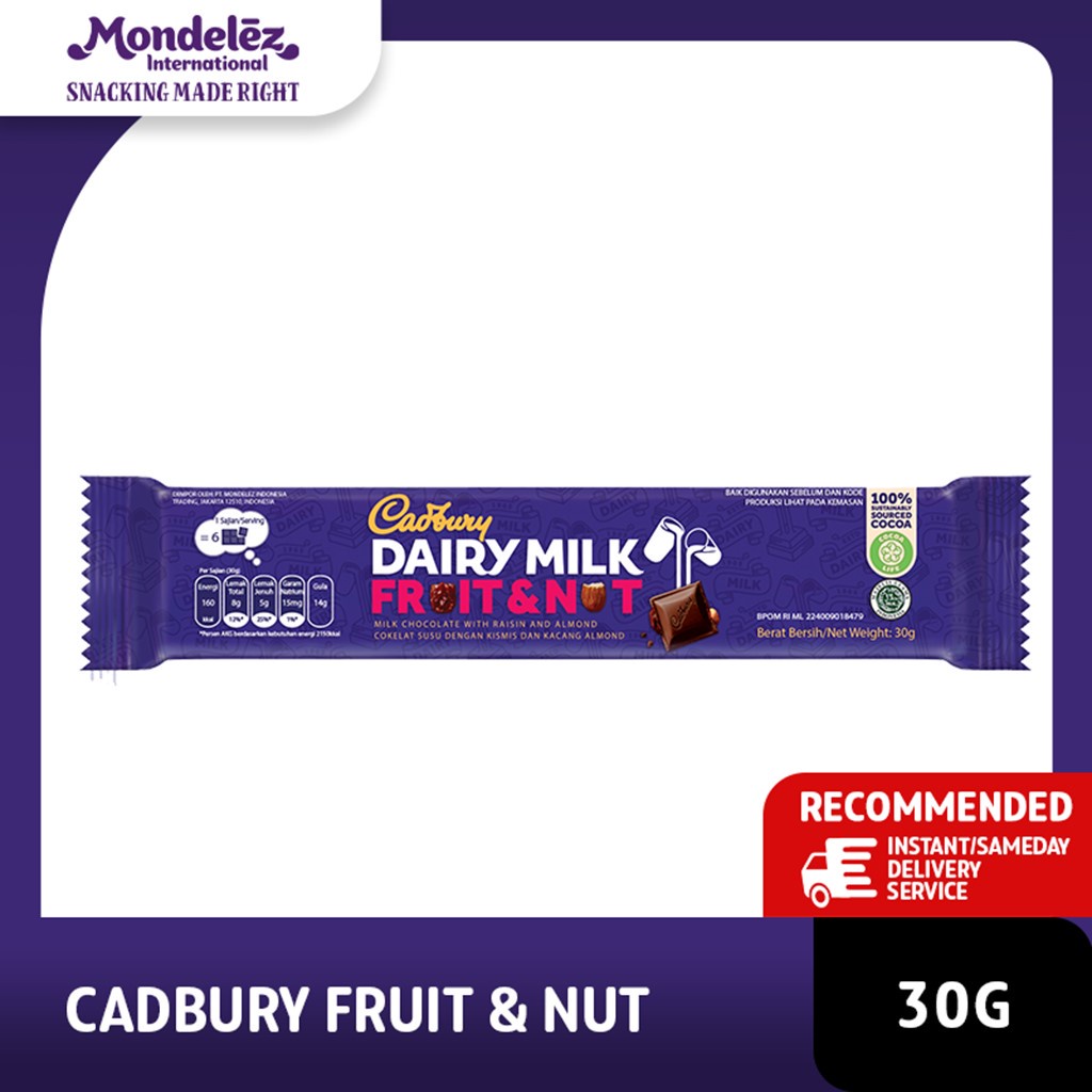 

Cadbury Dairy Milk Chocolate Fruit & Nut Regular 30g, coklat dengan susu yang lembut untuk Camilan