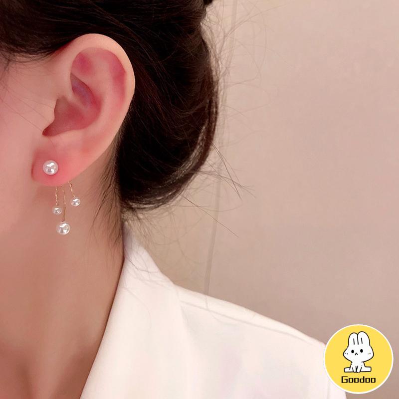 Anting Tusuk Silver S925 Gantung Belakang Wanita Hias Mutiara -Doo
