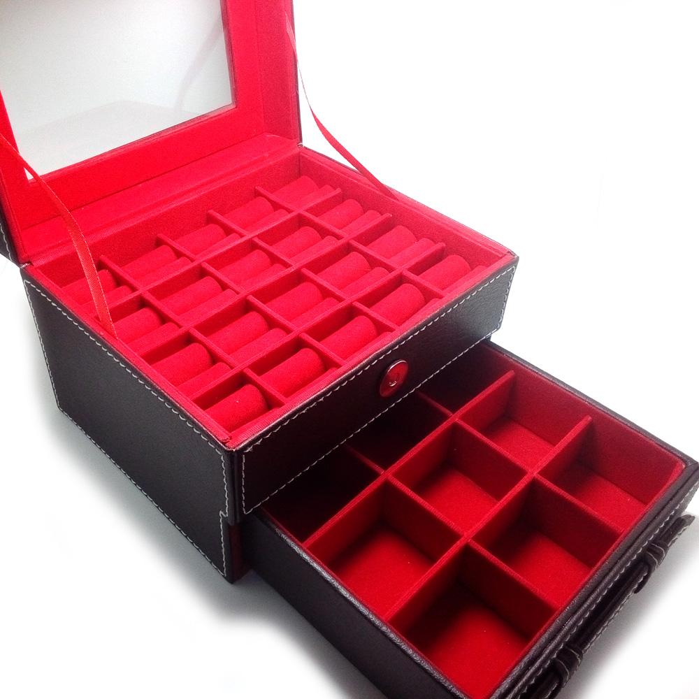 Kotak Batu Akik / Box Cincin Batu Akik Kaca Jahit 2 Tingkat - isi 20 Akik 9 kotak - Coklat dlm Merah