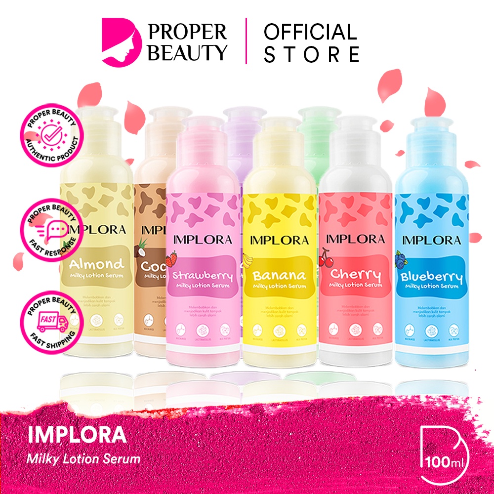 IMPLORA Milky Lotion Serum 100ml Indonesia / Almond Banana Blueberry Cherry Coconut Grape Melon Strawberry / Niacinamide Lactobacillus Milk Protein / Melembabkan Mencerahkan / Skincare Body Care Cream Butter Perawatan Treatmen Kulit Tubuh Susu Paket 60ml